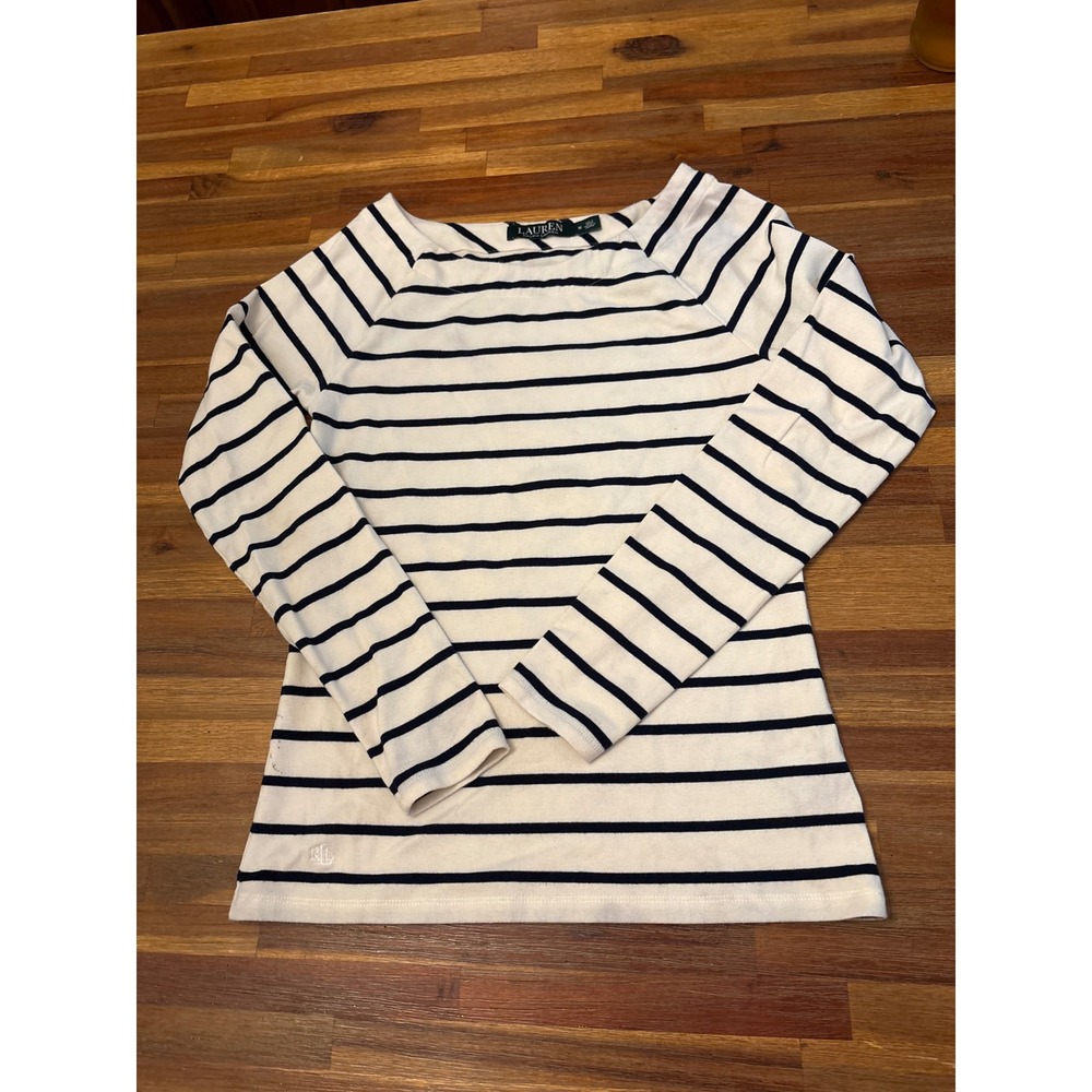 Lauren Ralph Lauren Striped Top Womens M White Navy Good Boat Neck Ribbed Knit
